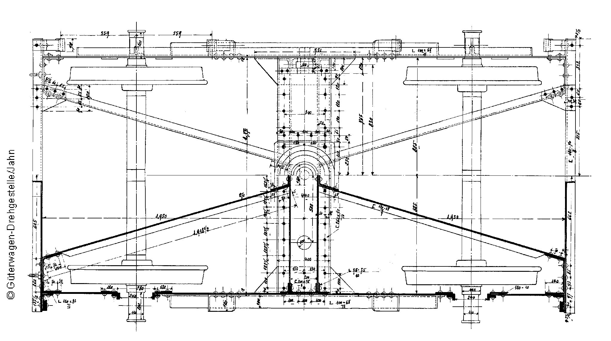 Blech und Winkel-Drehgestell, elsäss.-lothring., ab 1894, Achsstand 2 500 mm, Daufsicht; Grafik: Hermann Jahn