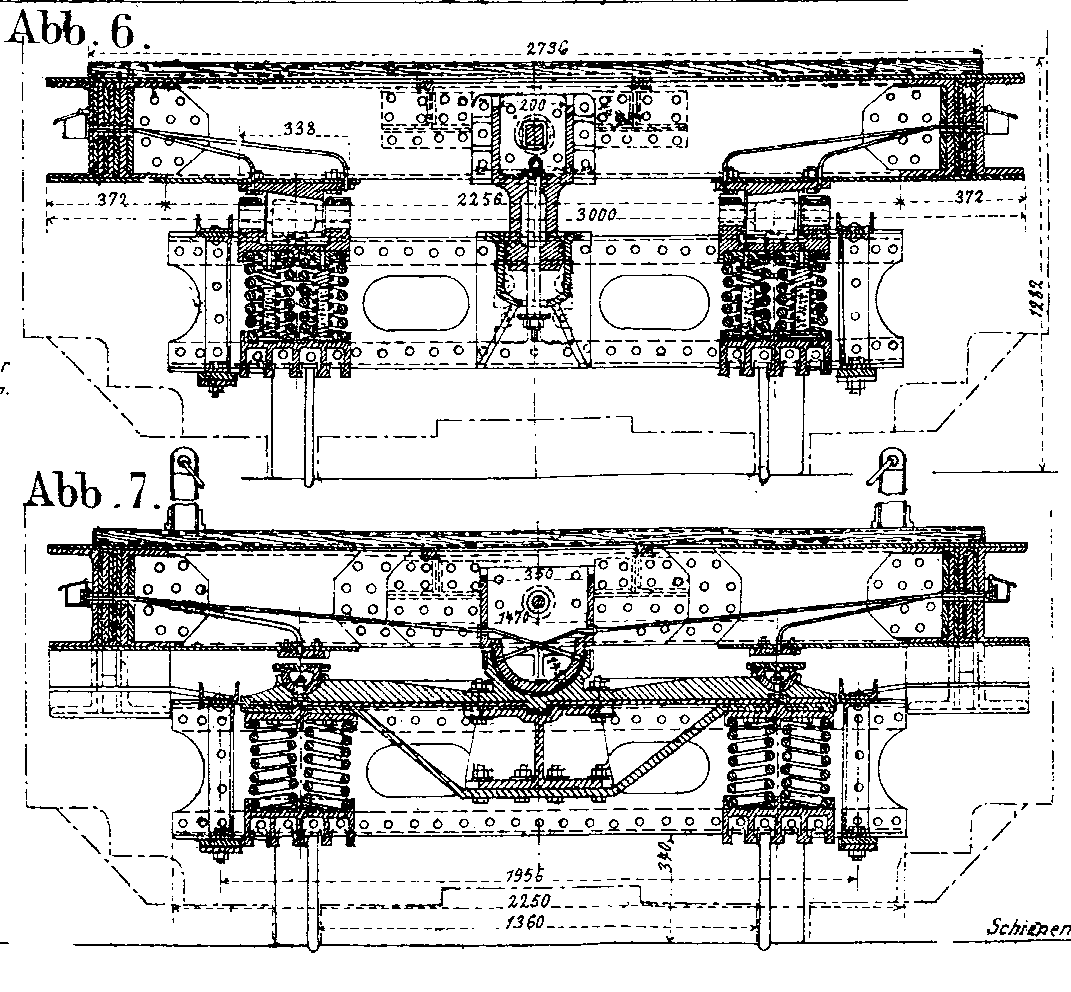 Diamond-Drehgestell, Baden, 1903, 1800 mm Achsstand, Querschnitt; oben: seitliche Lastübertragung, unten: mit Drehpfanne