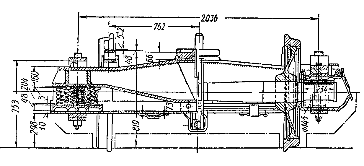 Diamond-Drehgestell, russische Bauart mit 2 x 5 Schraubenfedern je Seite, Stirnansicht