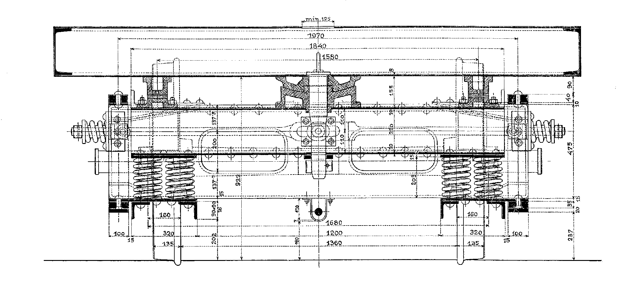 Zeichnung Diamond-Drehgestell Österreich, 1913; Schnitt im Bereich des Wiegebalkens