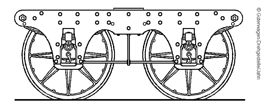 Eisenblech-/Holzdrehgestell, dänisch, ca. 1852; Skizze: Hermann Jahn auf Grundlage der Entwurfszeichnung (?) von Lauenstein & Co für die SJS