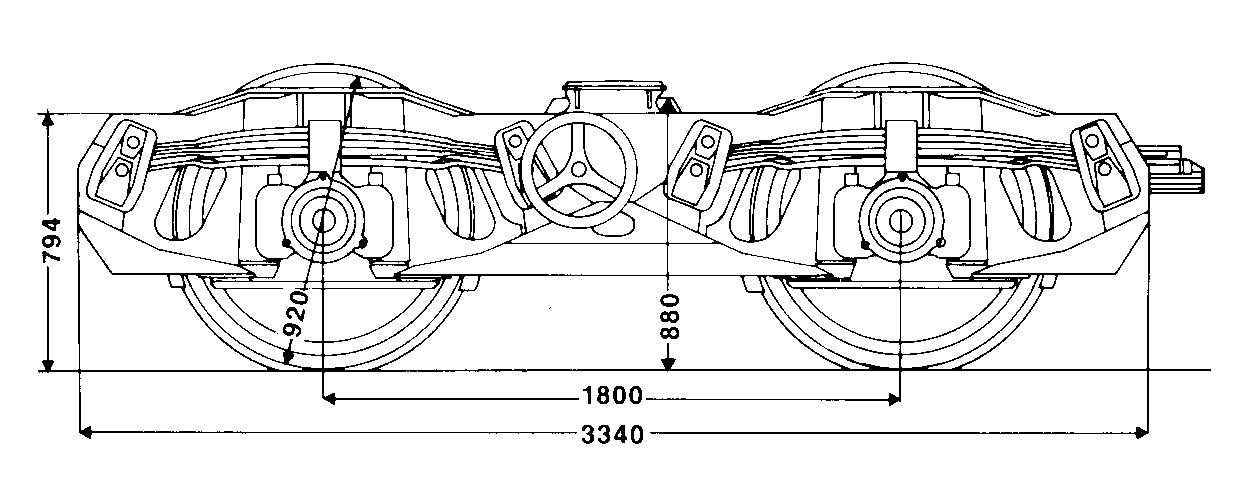 Drehgestell Bauart 665 VR, Seitenansicht; Skizze: Waggon Union