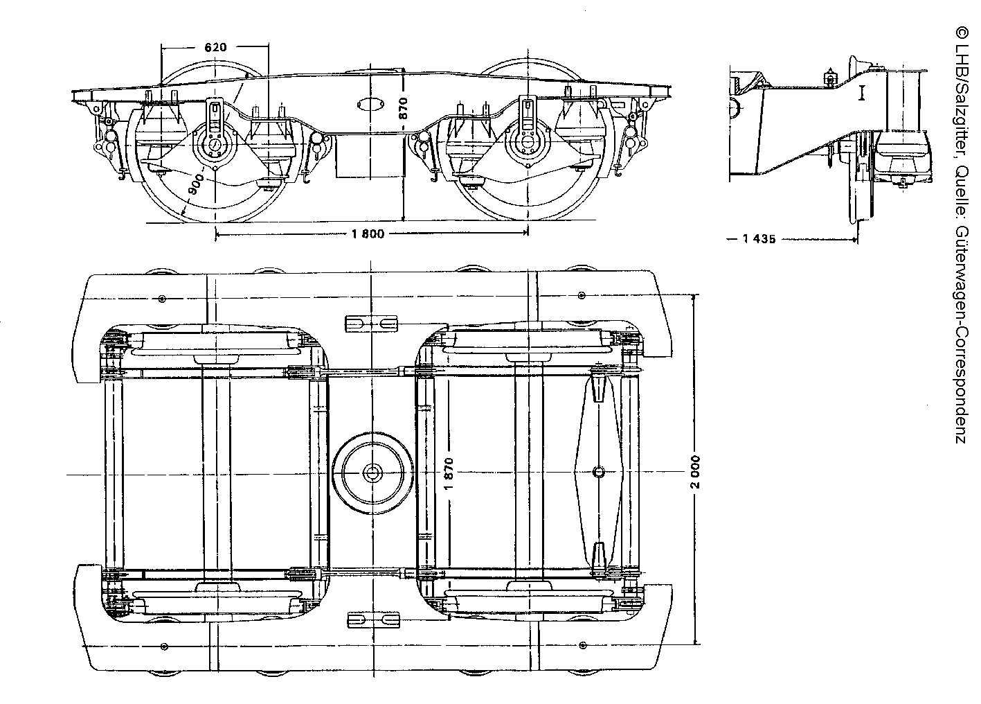 Drehgestell LHB 64/Clouth mit Gummirollfedern, Zeichnung; Quelle: Güterwagen-Correspondenz
